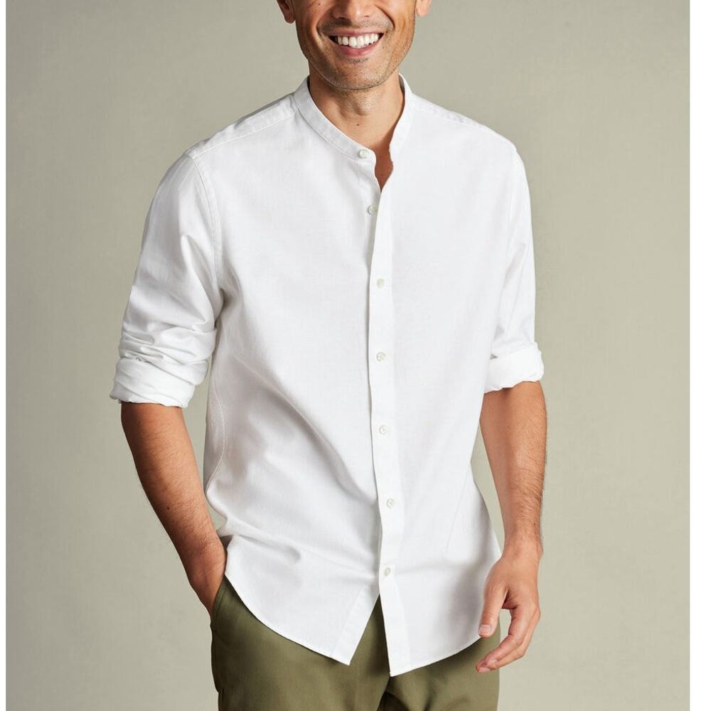 Charles Tyrwhitt Collarless Cotton Linen Shirt Men M Slim Fit White Button Front - Picture 2 of 14